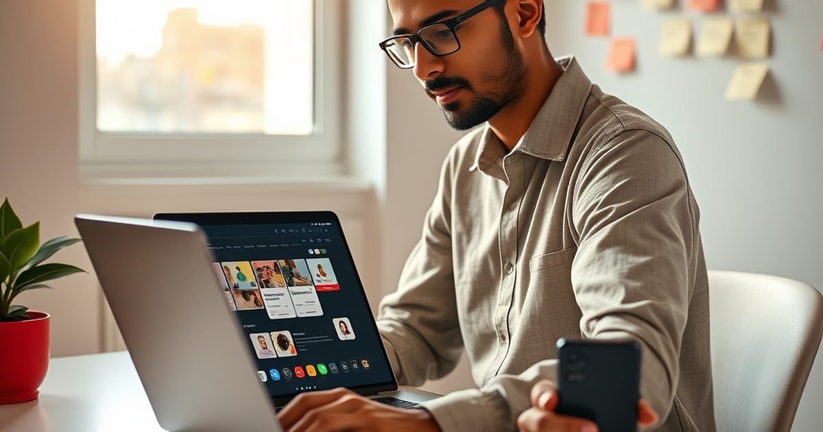 Founder in India building a mobile app on a laptop with AI assistance, product ideas pinned on sticky notes behind the desk