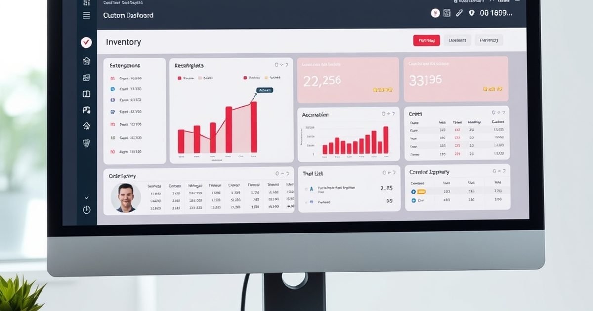 Desktop monitor showing a custom business dashboard with inventory charts, order lists and billing summary panels