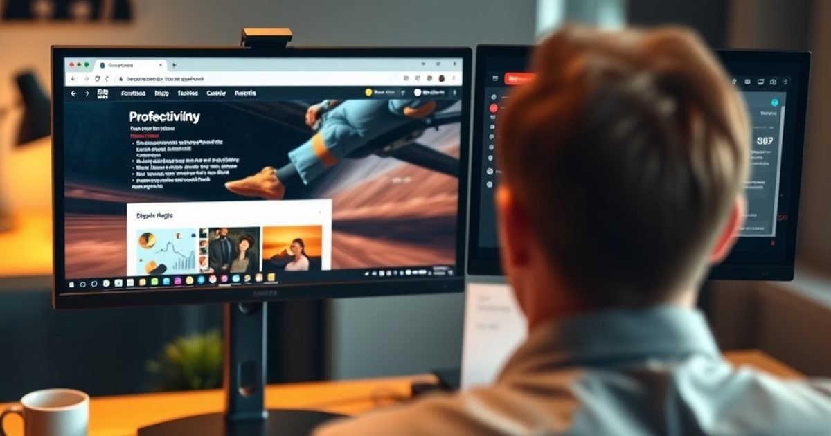 Person at a two-screen desk using a browser productivity extension panel alongside a simple analytics tool