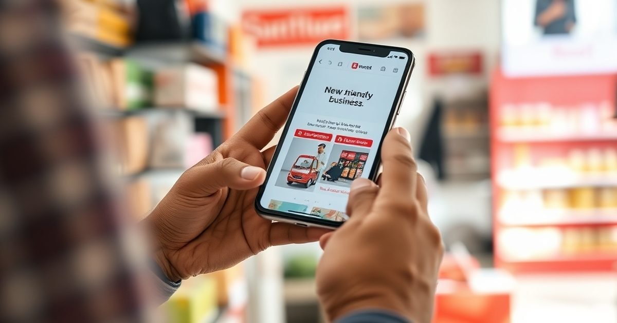 Small business owner in India viewing their new mobile-friendly business website on a smartphone inside their shop