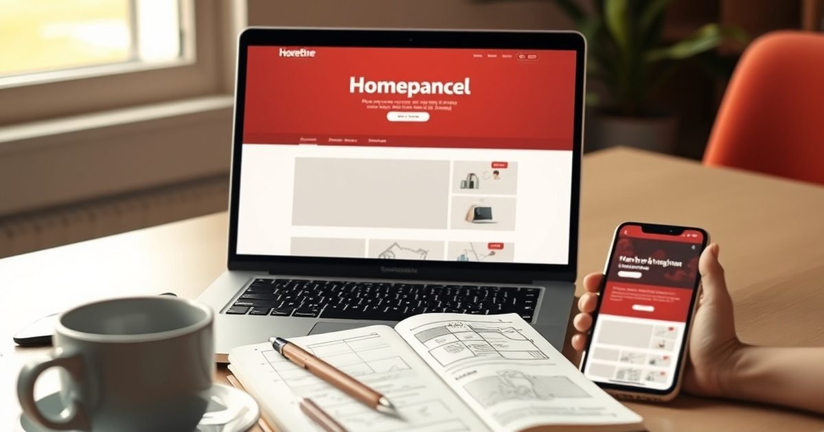 Laptop showing a business website design in progress next to a notebook of page wireframes and a smartphone with the mobile version