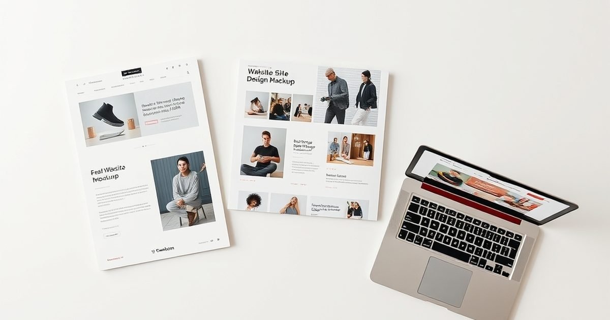 Printed one-page website mockup, multi-page business site layout and a laptop showing an e-commerce store, compared side by side