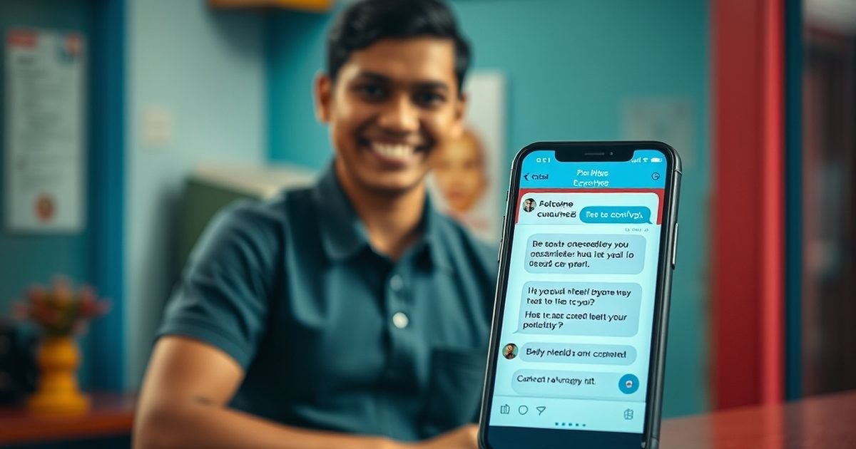 Staff member at an Indian clinic reception desk with a phone showing an automated WhatsApp conversation handling customer enquiries